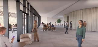 renderings of a gathering space in a modern library