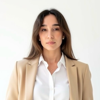 a young woman with long dark hair wearing a white collared shirt and tan blazer