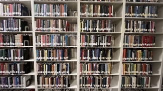 Four vertical bookshelves filled with colorful books, all labeled with dewey decimal system stickers