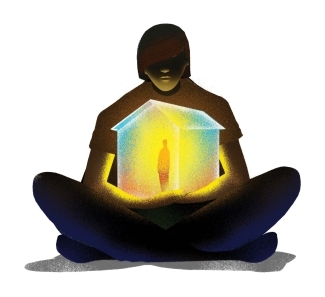 House illustrated by Brain Stauffer showing a figure holding a glowing house in her lap