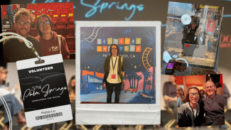 A photo collage of Matteo Liu’s experience volunteering at the 37th Palm Springs International Film Festival, featuring his volunteer badge, shots of him working at a ticket booth, and posing with others in a theater and in front of a festival backdrop.