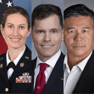 A composite image featuring three headshots side-by-side: Grier Martin in a suit and red tie, Robert Lim in a black blazer and white shirt, and Lauren Miller in a U.S. Army dress uniform.