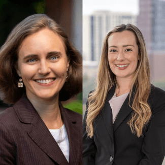 Side-by-side professional headshots of Yancey Fouche, wearing a brown pinstriped blazer, and Sophia Cunningham, wearing a black blazer and light pink blouse, both smiling against soft-focus backgrounds.
