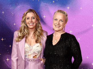 Two blonde women in formal attire on a blue and pink sparkly background