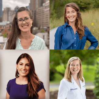 headshots of Katie Laycock ‘11, Sarah Little Marucci '11, Meredith Ashooh Stauch and '11 and Louisa Wall Whitesides '11 