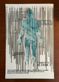 A white piece of paper with a blue shape of a human being and text around it