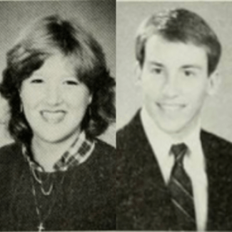 A pair of side-by-side, black-and-white yearbook-style portraits featuring a smiling woman with wavy hair wearing a plaid-collared sweater and a smiling man in a suit and striped tie.