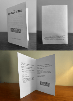 A folded white piece of paper with letterpress imprints on the front, inside, and back