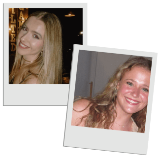Two Polaroid-style photos layered over each other, featuring close-up portraits of two smiling young women with blonde hair.