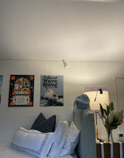A bed with white and navy patterned pillows is positioned against a white cinderblock wall decorated with a colorful "Mt. Joy" tour poster and "The Art of Wave Riding" print.
