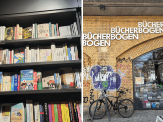 A split image showing a shelf of German and English books on the left and the brick exterior of the "Bücherbogen" bookstore with a bicycle parked out front on the right.