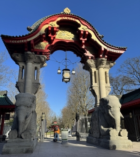 The Elephant Gate at the Berlin Zoo, featuring two large stone elephant sculptures supporting an ornate, red and gold East Asian-style arched roof under a clear blue sky.