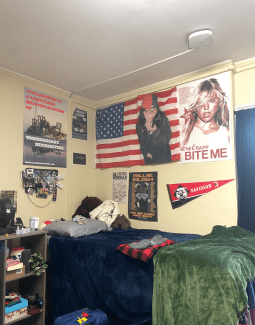 student's bedroom features a bed with a dark blue comforter, a Davidson College pennant, and a wall covered in various posters and a modified American flag.
