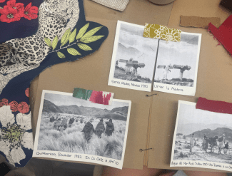 A flat-lay view of a scrapbook page featuring black-and-white documentary photographs from Mexico, Ecuador, and Sudan, accented with colorful textile scraps.