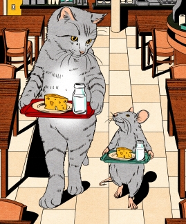A stylized comic illustration of a large grey cat and a smaller grey mouse walking side-by-side down a diner aisle, each carrying a serving tray with a wedge of cheese and a bottle of milk.