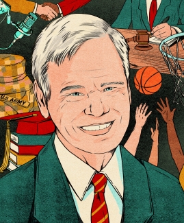 A colorful illustration featuring a smiling, blue-eyed man in a green suit jacket and red striped tie, surrounded by background vignettes of a basketball game, a graduation cap, a courtroom scene, and a U.S. Army helmet.