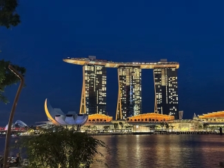 The Marina Bay Sands hotel towers and ArtScience Museum illuminated at night across the water in Singapore.
