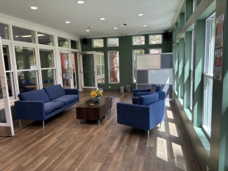 A sunlit lounge area with hardwood floors, sage green walls, large windows, a dark blue sofa, and matching armchairs arranged around a wooden coffee table with sunflowers.