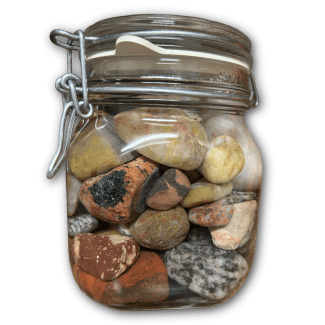 A clear glass clamp-top jar filled with various smooth, colorful river rocks and pebbles against a transparent background.