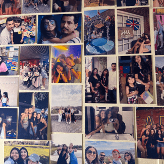 A photo wall collage filled with neatly arranged printed photographs of family, friends, travel destinations, and events.
