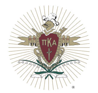 Official crest of the Pi Kappa Alpha fraternity featuring a maroon and gold shield with Greek letters, topped by a knight's helmet and surrounded by gold sunburst rays.