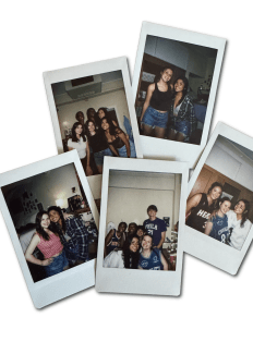 A collage of five instantly printed photos showing smiling groups of young adult friends posing together in casual sports attire.