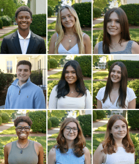 A three-by-three grid containing headshot portraits of nine diverse young adults smiling outdoors in front of leafy green campus foliage.