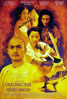 Movie poster for Ang Lee's film Crouching Tiger, Hidden Dragon, featuring stars Chow Yun-Fat, Michelle Yeoh, Chang Chen, and Zhang Ziyi in dramatic martial arts poses holding swords against a warm yellow background.