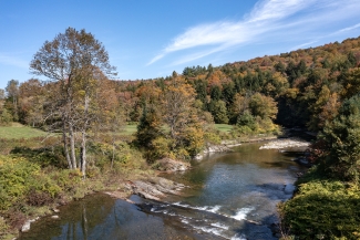 A wide river flows over small cascades framed by autumn trees showing red, yellow, and green foliage under a clear blue sky.