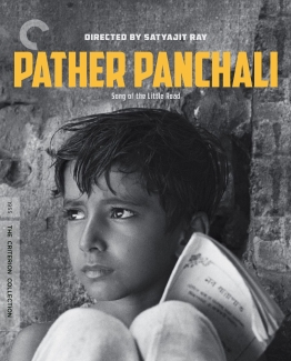 Criterion Collection poster for Satyajit Ray's film Pather Panchali, featuring a black-and-white portrait of a young boy holding a book.
