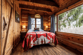 A cozy rustic bedroom features wood-paneled walls, a large window overlooking pine trees, and a bed adorned with a patterned red blanket.