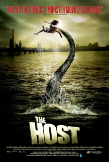 Movie poster for Bong Joon-ho's film The Host, featuring a giant river monster's tail tossing a young girl into the air above the water with a city skyline in the background.