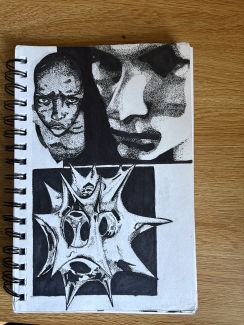 A black pen drawing of spiky figures, faces on white paper using pointillism as shading