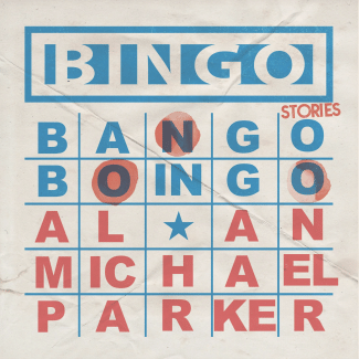 A book cover with a bingo card design in red and blue