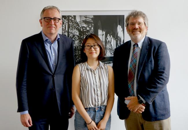 Linda Wu ’20 with Peter Kurz, Mayor of Mannheim, and Prof. Scott Denham