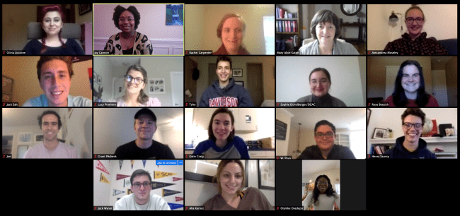 Collection of Zoom squares with smiling members of the College Advising Corps