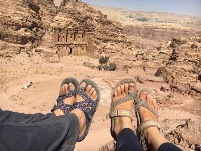 Davidson students sandals in Jordan desert