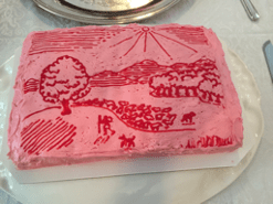 Cake Decorated like Book Cover in pink and red frosting