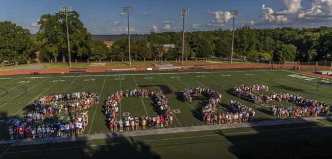 Class of 2025 Group Picture in Richardson Stadium where students line up to spell out 2025