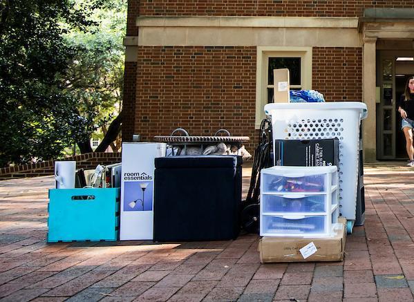 Belongings on Move In Day In front of dorm