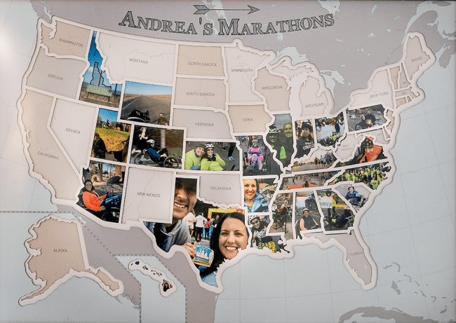 Map of Andrea Peet's Marathons with Photos of Andrea in States Where She Has Raced