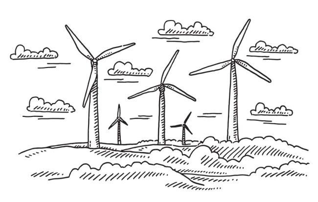 Sketch of Wind Turbines Among Rolling Hills and Clouds