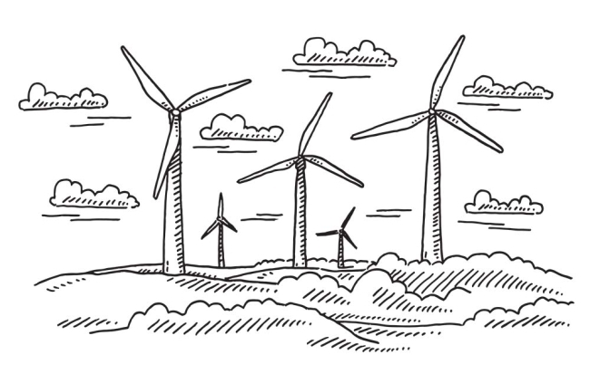 Sketch of Wind Turbines Among Rolling Hills and Clouds