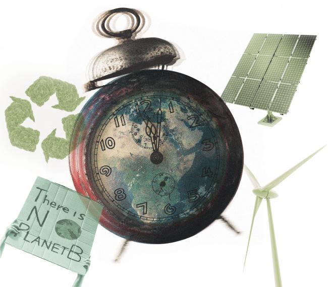 Collage of ringing alarm clock with Earth superimposed on the face encircled by a solar panel, a windmill, an recycling symbol and a sign saying "There is no planet B."