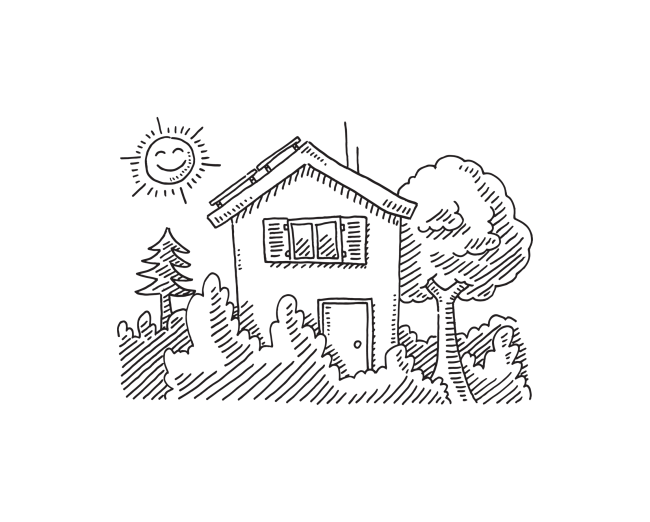 Sketch of House with Solar Panels, Trees and a Smiling Sun