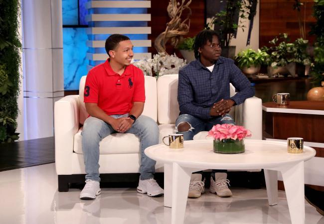 Brandon Reid ’22 and Sura Sohna on the couch at the “The Ellen DeGeneres Show.”