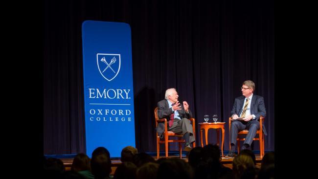 President-elect Doug Hicks interviews President Jimmy Carter at Oxford College of Emory University, 2019.