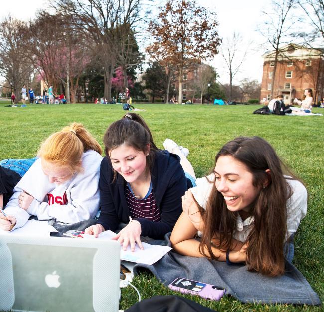 Student gather around a laptop on the lawn
