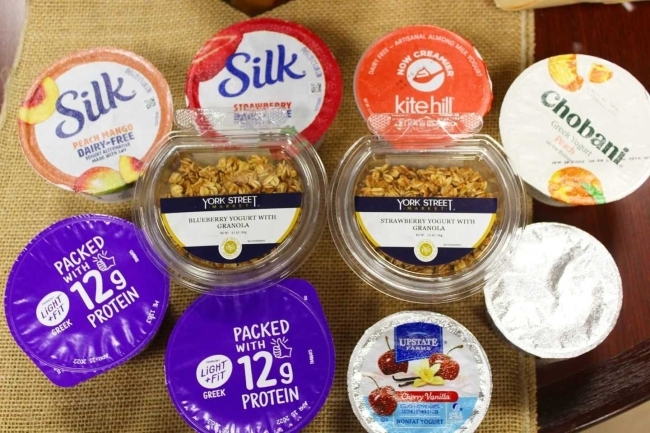 selection of yogurts on paper bag