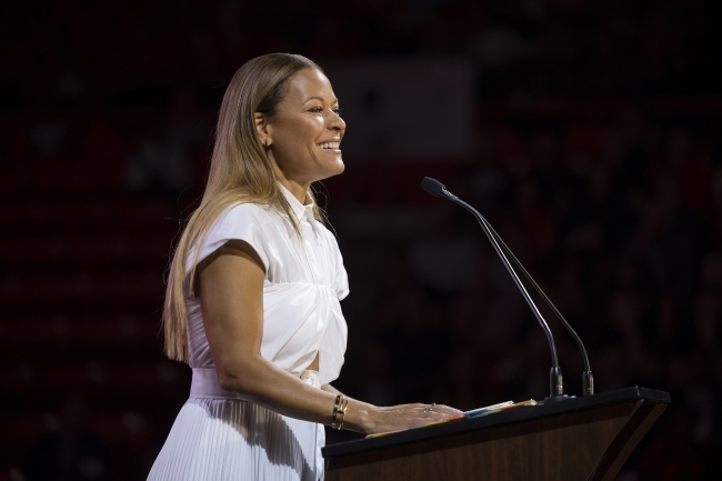 Sonya Curry speaking at podium